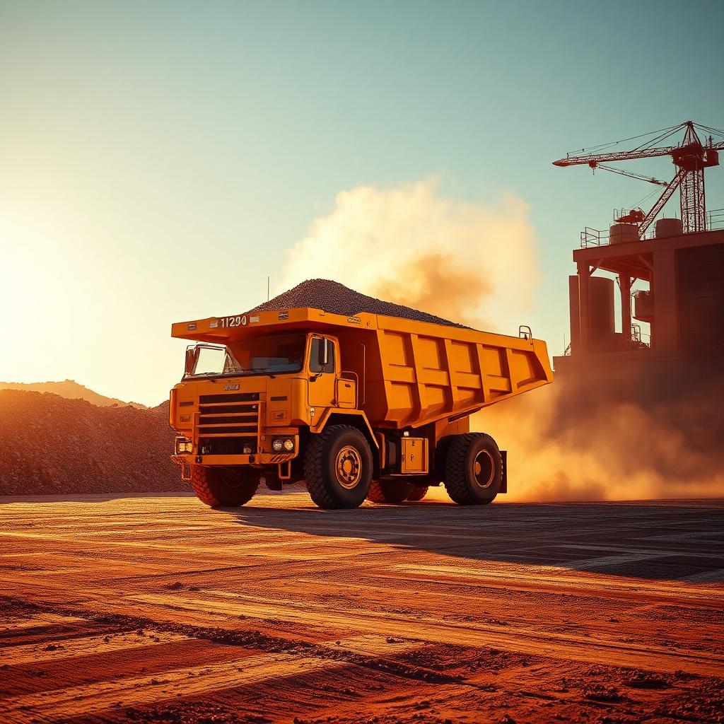 Tri-axle dump truck dumping aggregate at golden hour