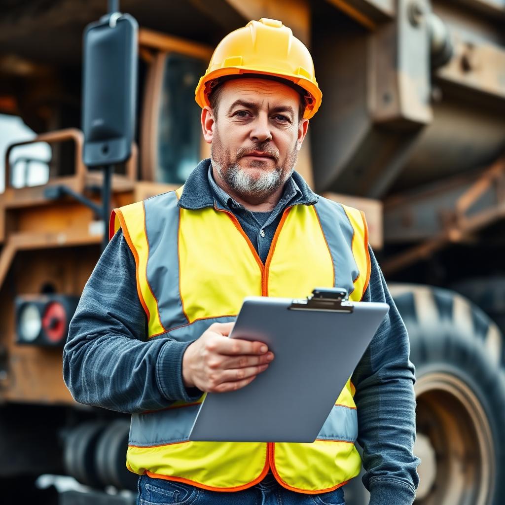Owner-operator in hi-vis vest next to his dump truck
